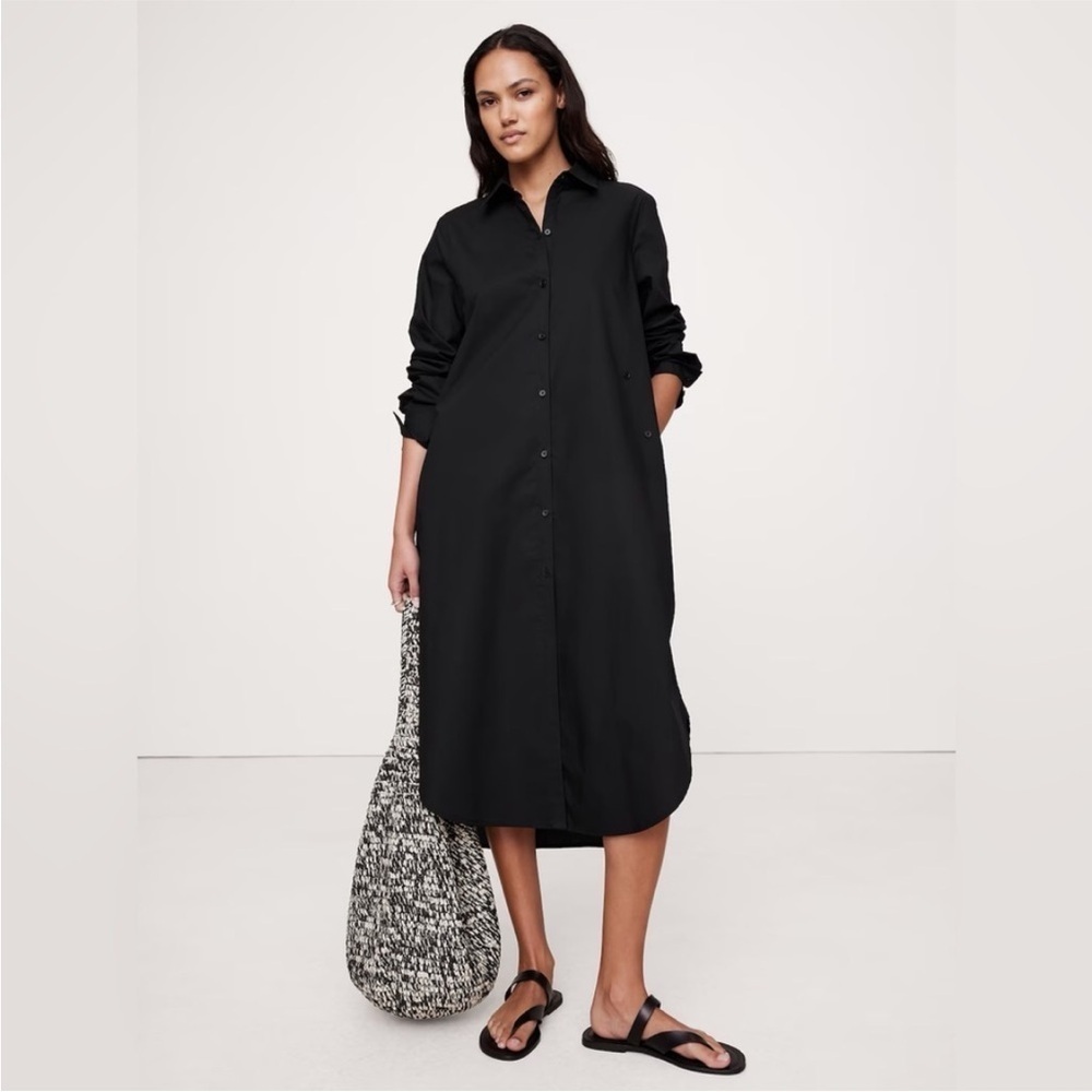 NEW! Banana Republic Black Cotton Poplin Asymmetrical Shirt Dress - XS 🕰️